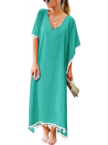 Cover-Ups Women's Tassel V-Neck Batwing Oversized Maxi Dresses Swimsuit Cover-Ups Loungewear - Green - C9199I8X2UN $21.15