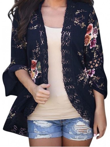 Cover-Ups Casual Chiffon Cardigan Long Sleeve Lace Kimono for Women Solid Blouse Tops - Navy B - CC18I2USI37 $12.88