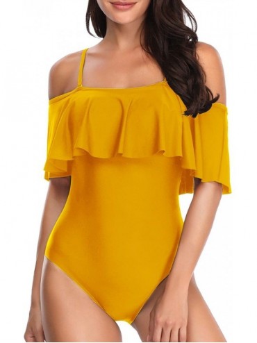 One-Pieces Women's One Piece Swimsuit Vintage Off Shoulder Ruffled Bathing Suits - Yellow - CF18SALKSEU $34.84
