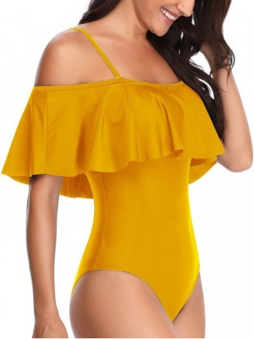 One-Pieces Women's One Piece Swimsuit Vintage Off Shoulder Ruffled Bathing Suits - Yellow - CF18SALKSEU $19.09