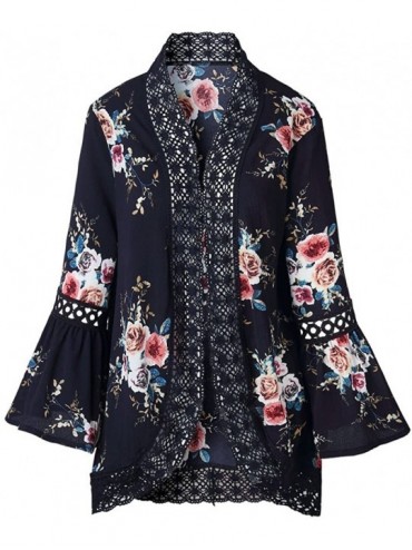 Cover-Ups Casual Chiffon Cardigan Long Sleeve Lace Kimono for Women Solid Blouse Tops - Navy B - CC18I2USI37 $12.88