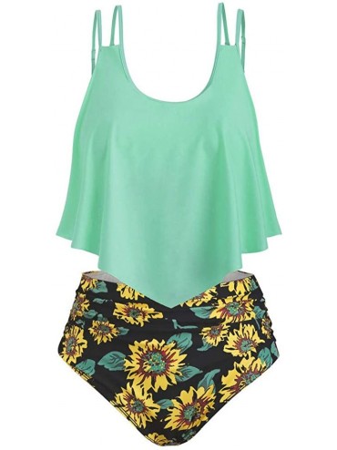 Sets Women's Swimsuits Two Pieces Bathing Suits Flounce Ruffled Top High Waisted Sunflower Print Bottom - Green - C818UHEWOQL...