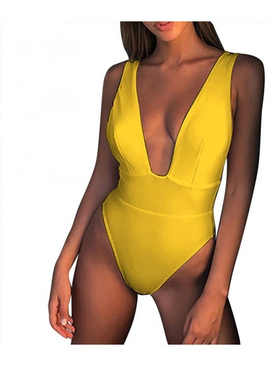 Sets Women's Deep V Neck Swimsuit Tummy Control Swimwear Backless One Piece High Cut Monokini Bathing Suits - Yellow - CN196U...