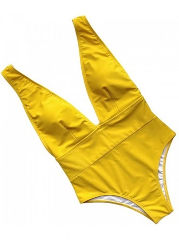 Sets Women's Deep V Neck Swimsuit Tummy Control Swimwear Backless One Piece High Cut Monokini Bathing Suits - Yellow - CN196U...
