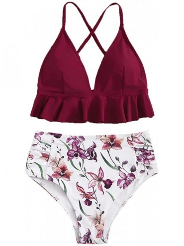 Sets Women's Sexy Bathing Suit Floral Print Cross Back Bikini Set Swimsuits - Burgundy-3 - CR18AOXMQML $21.03