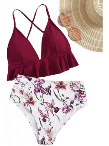 Sets Women's Sexy Bathing Suit Floral Print Cross Back Bikini Set Swimsuits - Burgundy-3 - CR18AOXMQML $21.03
