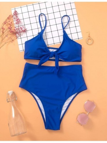 Sets Bikini Swimwear Womens High Waisted Two Piece Swimsuit Tie Knot High Cut Bathing Suit for Women - Dark Blue - CI18SYC8QI...