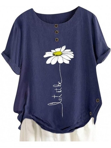 Tops Short Sleeve Tee Blouse for Women-Women Linen Dandelion Print Button Blouses Boat Neck T Shirt Tops - Navy - C2198SG79CG...