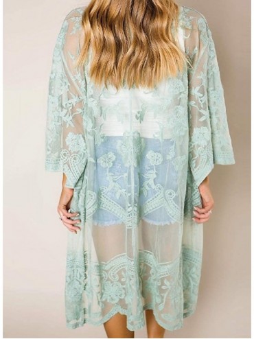 Cover-Ups Womens Open Front Blouse Sunscreen Baggy Style Lace Stiching Cover-Up - Green - CI199I8A0L8 $18.69