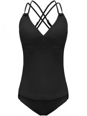 Tankinis Tankini Swimsuits for Women Two Piece Tummy Control Swimwear with V Neck Bathing Suits - Black - CI199XISZ0Z $57.82