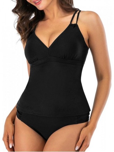 Tankinis Tankini Swimsuits for Women Two Piece Tummy Control Swimwear with V Neck Bathing Suits - Black - CI199XISZ0Z $25.34