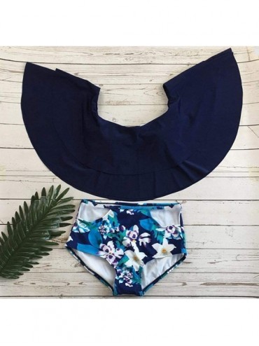 Sets Women Two Piece Off Shoulder Ruffled Flounce Crop Bikini Top with Print Cut Out Bottoms Hight Waist Swimsuit Blue - C718...