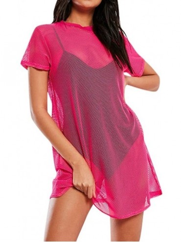Cover-Ups Women Bikini Outer Cover Sexy Short Sleeve Perspective Hollow Nightclub Skinny Dress - Hot Pink - CW1908UX906 $11.69