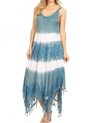 Cover-Ups Lupe Women's Casual Summer Fringe Maxi Loose V-Neck High-Low Dress Cover-up - Teal - CJ18QXIOLIC $14.70