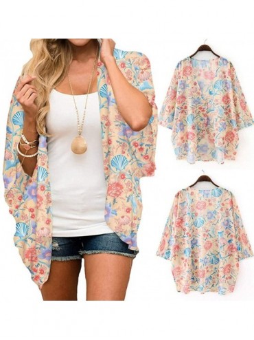 Cover-Ups Womens Summer Floral Print Kimono Cardigan Puff Sleeve Loose Sunscreen Cover Up Casual Blouse Tops - Color3 - CY19C...