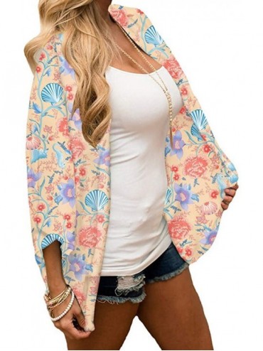 Cover-Ups Womens Summer Floral Print Kimono Cardigan Puff Sleeve Loose Sunscreen Cover Up Casual Blouse Tops - Color3 - CY19C...