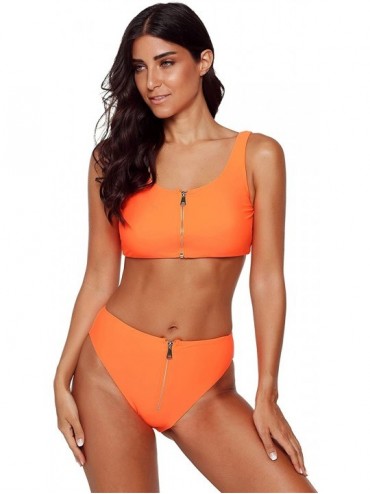 Sets 2 PC Cropped Crop Zipper Front Padded Bandeau Bikini Top and Highwaist Bikini Bottom Swimsuit Set - Orange - CM18GLGTQGN...