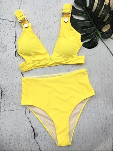 Sets Women's Two Piece Swimsuit Cutout High Waisted High Cut Cheeky Bottom Bikini Sets Swimwear - Yellow - CO18EUHDD53 $17.82