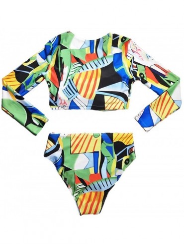 Sets Women Two Piece Bohemia Long Sleeve Tops Swimsuit Hight Waisted Bottom Swimwear Bathing Suit - Green - CR18NW972XE $12.14
