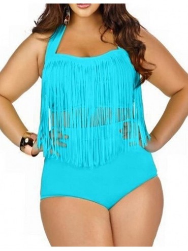Sets Womens Plus Size High Waist Fringe Swimwear Two Piece Swimsuit - Blue - CB11VNUJ6JT $40.85