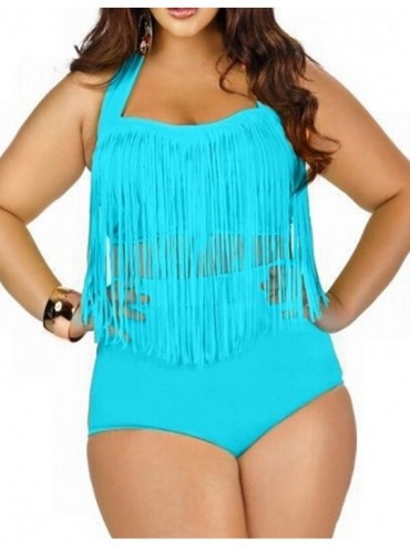 Sets Womens Plus Size High Waist Fringe Swimwear Two Piece Swimsuit - Blue - CB11VNUJ6JT $17.97