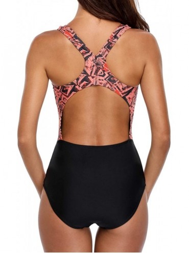 One-Pieces Women's Printed Athletic One Piece Swimsuit Sports Swimwear Training Suit - Black & Orange - CX18D3MZCAK $24.10