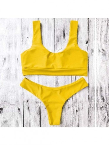 Rash Guards Women's Swimwear Sexy Solid Color Sling Push-ups Thickening Swimsuit Beachwear Two-piece Bikini Set - Yellow - CX...