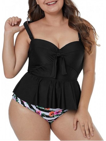 Tankinis Womens Plus Size Floral Print Tankini Swimsuit Two Piece Bathing Suits M-3XL - Black-736 - CN18NC47UIA $20.56