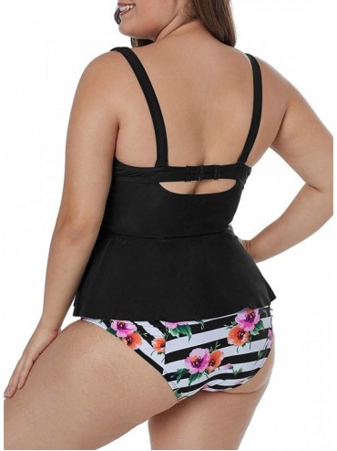 Tankinis Womens Plus Size Floral Print Tankini Swimsuit Two Piece Bathing Suits M-3XL - Black-736 - CN18NC47UIA $20.56