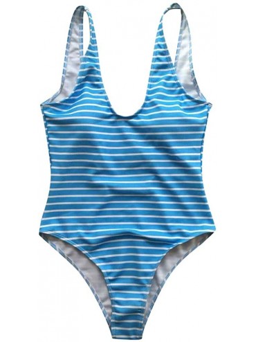 Racing Womens Fashion Zip Front Swimsuit Striped Printed One Piece Swimwear Conservative Monokini - Sky Blue - CF194OXT4ZW $2...