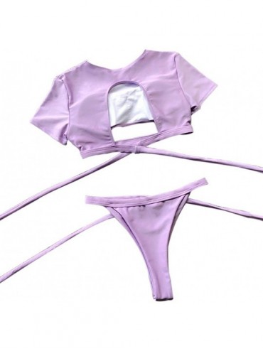 Sets Short Sleeve Crop Swimsuits for Women Bandage Two Piece Tankini Set Swimwear - Purple - CA18R6U2R20 $13.31