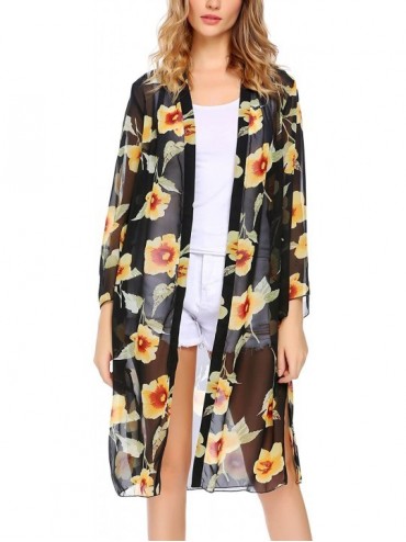 Cover-Ups Women's Floral Print Sheer Chiffon Kimono Cardigan Capes Beach Cover up - Style 3 Black - C6184K0X0HK $47.69