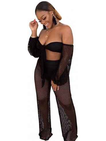 Cover-Ups Women's Cover Ups Beach Outfits Beachwear Crop Tops See Through Off Shoulder Hollow Out Design Wide Leg Pants Set B...