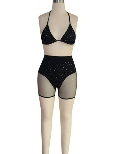 Sets Women Two Piece with Boy Short Rhinestone Diamond Push-up Bikini Set Bathing Swimsuit Swimwear - Black - CR18U22SGNU $17.18