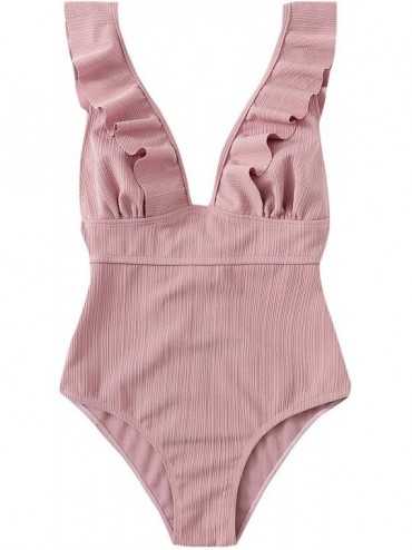 One-Pieces Women's Ruffle One Piece Swimwear V Neck Lace Up Monokini Bathing Suit - 1-pink - C3199HSS56L $34.11