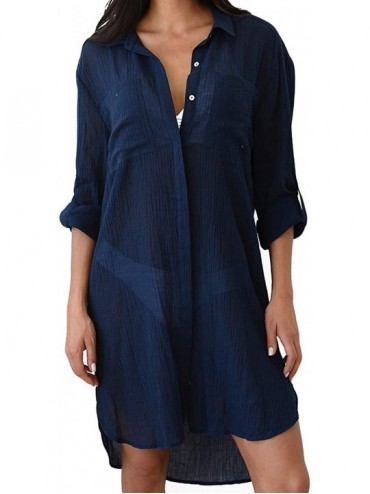 Cover-Ups Women Embroidered Half/Long Sleeve Swimsuit Cover Up Mini Beach Dress - A-navy - CH18KHUHASN $43.96