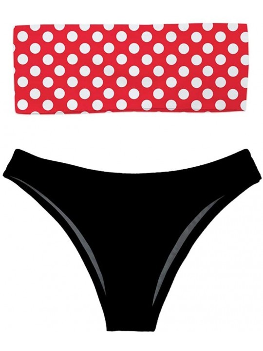 Sets Women 2 Pieces Bandeau Bikini Swimsuit Off Shoulder High Waist Bathing Suit - Red Polka Dot With Black Bottom - CD18QHX3...