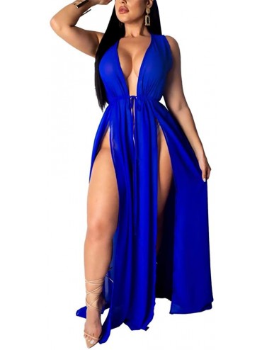 Cover-Ups Women's Sexy Sheer Mesh Cardigan Chiffon Swimsuit Cover Up High Slit Long Maxi Beach Dress - Blue - CY18RZYY70S $64.55