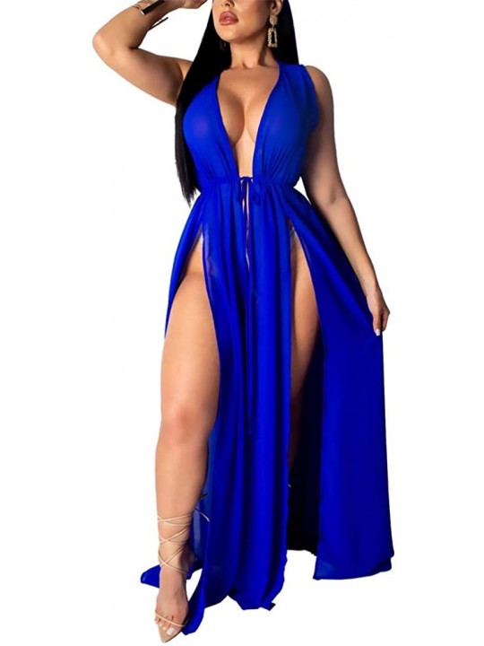 Cover-Ups Women's Sexy Sheer Mesh Cardigan Chiffon Swimsuit Cover Up High Slit Long Maxi Beach Dress - Blue - CY18RZYY70S $33.98