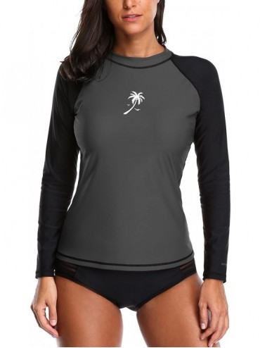 Rash Guards Women Long Sleeve Rash Guard UPF 50+ Swim Shirt Athletic Swimsuit Tops - Grey/Black - C218G7ZNK8Z $28.34