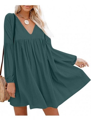 Cover-Ups Women's Casual Short Sleeve Loose Swing Dress V Neck Solid Pleated Babydoll Tunic - Zz-green - CC19ERS8UA5 $50.15