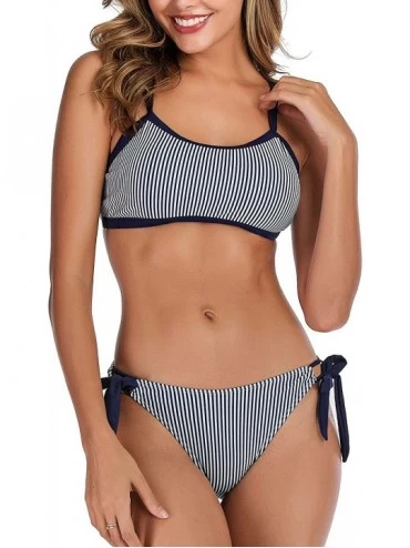Sets Women's Lace up Bikini Set Two Piece Swimsuits Stripe Bathing Suits - Navy Blue Stripe - CU18U8KC87W $39.27