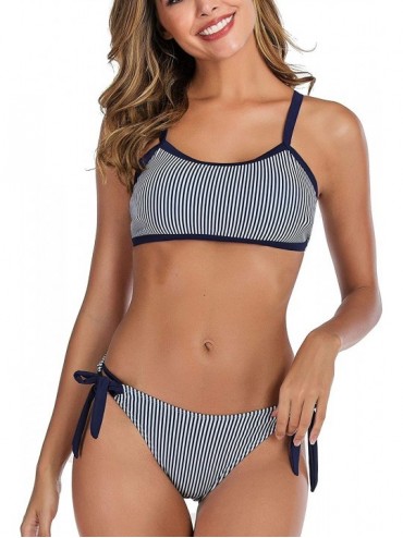 Sets Women's Lace up Bikini Set Two Piece Swimsuits Stripe Bathing Suits - Navy Blue Stripe - CU18U8KC87W $16.76