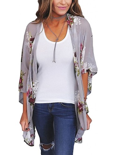 Cover-Ups Women Chiffon Swimsuit Cover Ups Floral Kimono Casual Loose Open Front Cardigan - Grey - CQ18TIQCQY9 $12.17