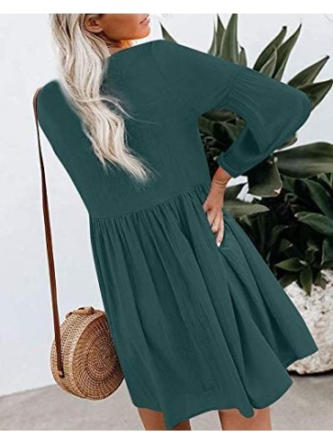 Cover-Ups Women's Casual Short Sleeve Loose Swing Dress V Neck Solid Pleated Babydoll Tunic - Zz-green - CC19ERS8UA5 $20.29