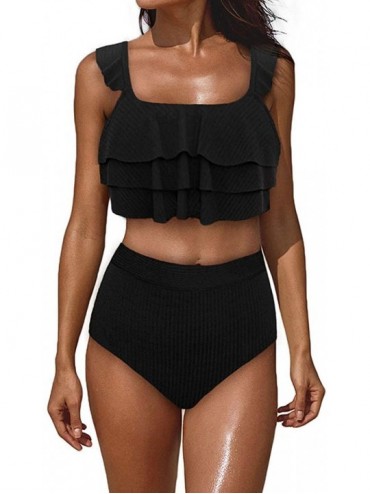 Sets Women's Two Piece Swimsuits Flounce Top Bathing Suits with High Waisted Bikini - Black - C9190WNKTQD $50.10