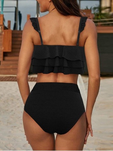 Sets Women's Two Piece Swimsuits Flounce Top Bathing Suits with High Waisted Bikini - Black - C9190WNKTQD $32.54