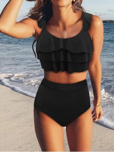Sets Women's Two Piece Swimsuits Flounce Top Bathing Suits with High Waisted Bikini - Black - C9190WNKTQD $32.54