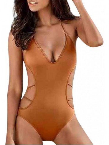 Racing Women Swimwear Beachwear Solid 1 Piece Hollow Bikini Swimsuit Bathing Suit - Brown - CT18NGEGSIH $27.18