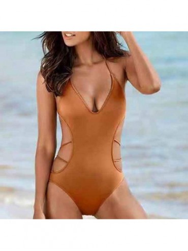 Racing Women Swimwear Beachwear Solid 1 Piece Hollow Bikini Swimsuit Bathing Suit - Brown - CT18NGEGSIH $13.59